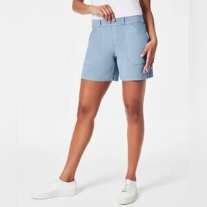 Spanx Stretch Twill Pull On Slimming Mid Rise Elastic Waist Shorts Light Blue M